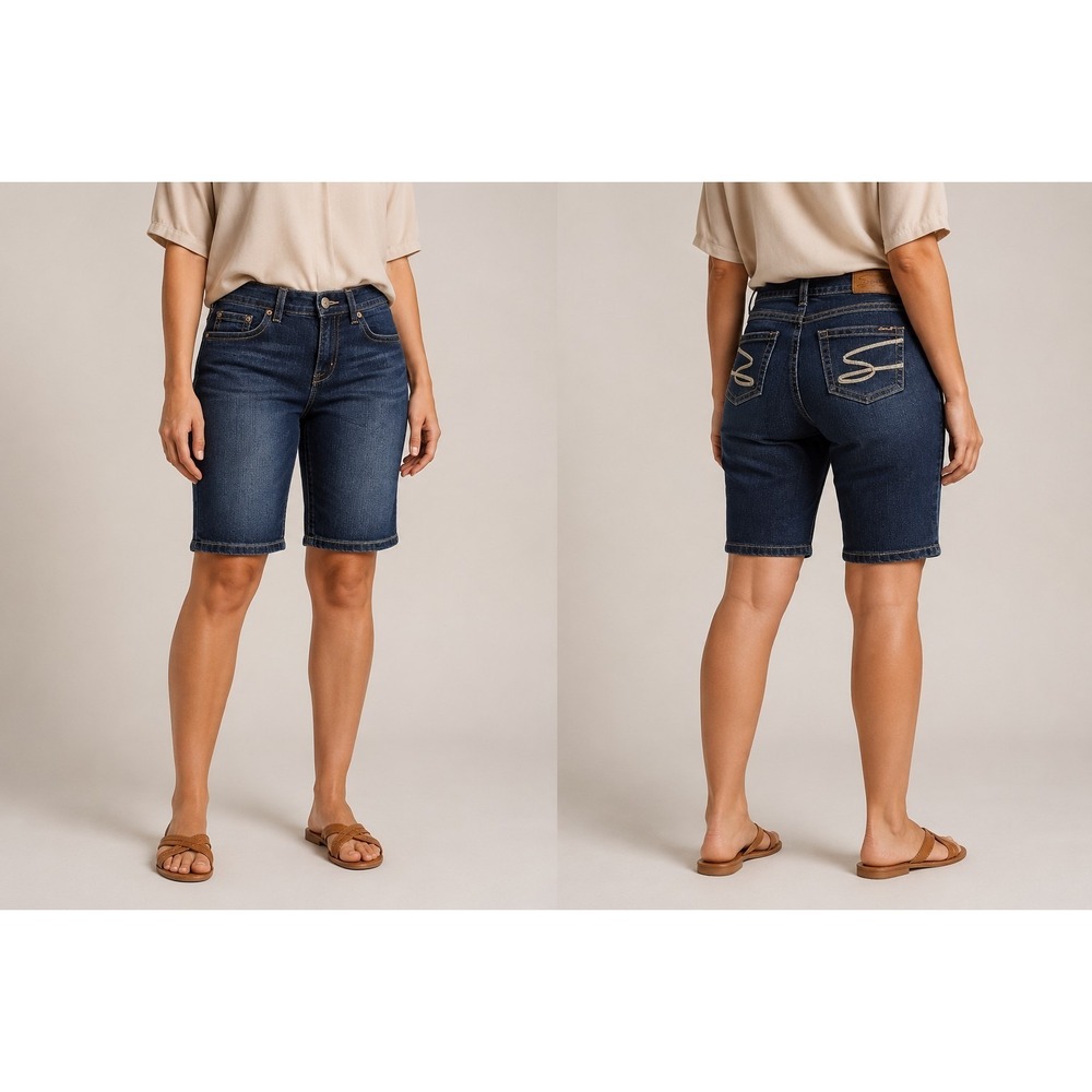 Seven7 Women's Denim Bermuda Shorts Stretch Dark Wash Mid Rise Blue Jean Shorts